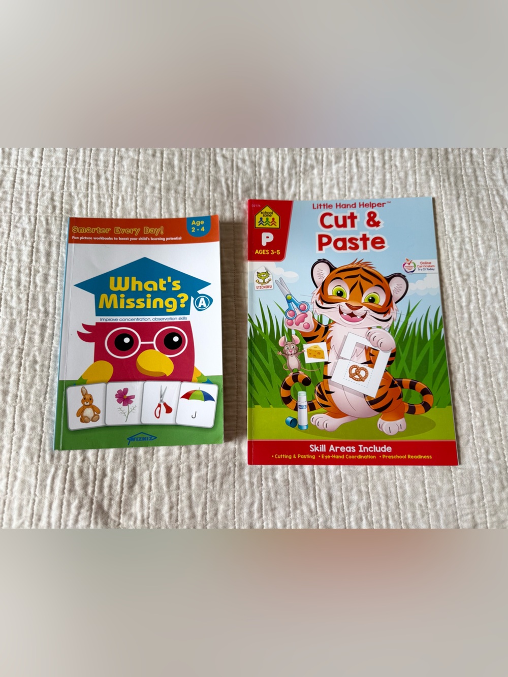 two children's activity workbooks designed for early childhood development